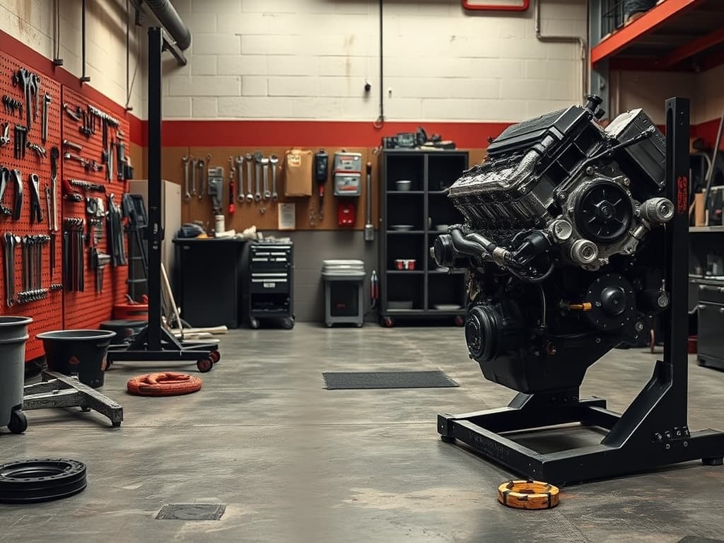 Cozart Garage shop floor — engine on stand, pegboard of wrenches, lift pole, sockets